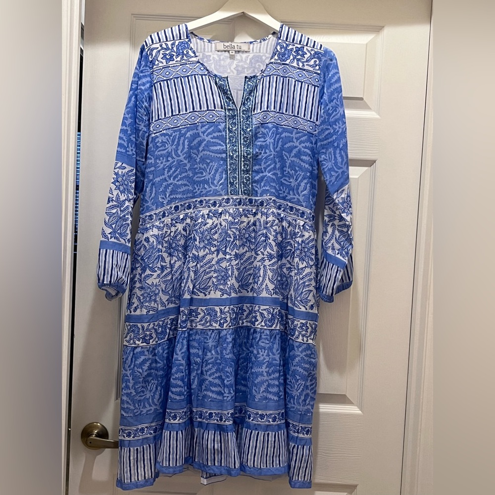 Light and airy Bella Tu, blue and white Boho Coastal dress.